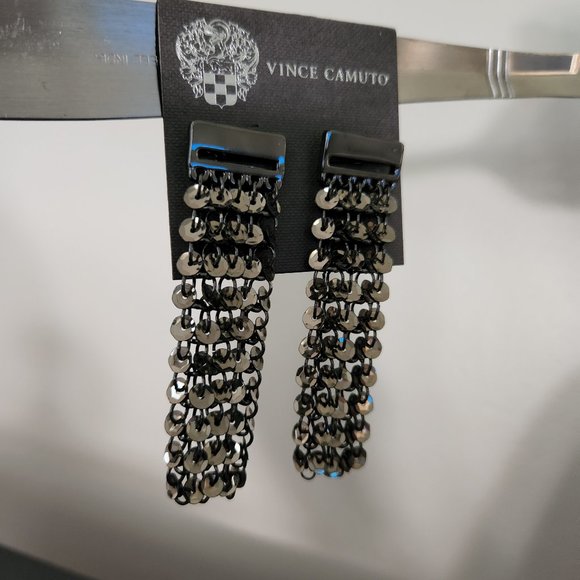NWT Vince Camuto Sequin Earrings Hematite Black Dangle 3" Long - Picture 10 of 12